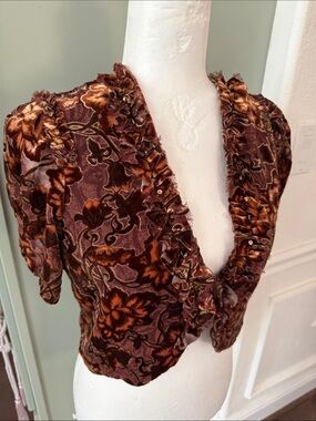 Brown Floral Velvet Ruffled Crop Top